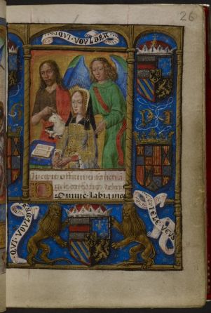 Joanna of Castile flanked by St John the Baptist and her guardian angel, the Hours of Joanna the Mad, Add MS 18852, f. 26r