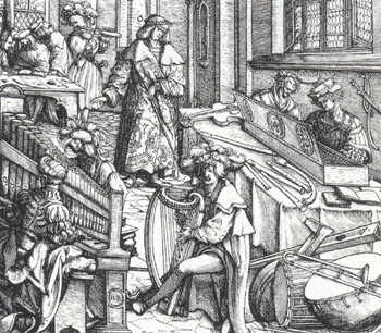 Maximilian I. und die Hofkapelle. Holzschnitt von Hans Burgkmair d. Ältere, 1514.